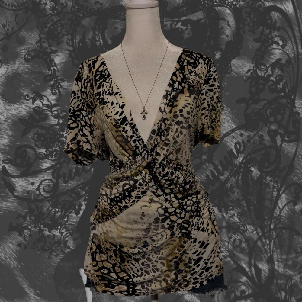 v neck wrap animal print beige black dark femme boho glam top